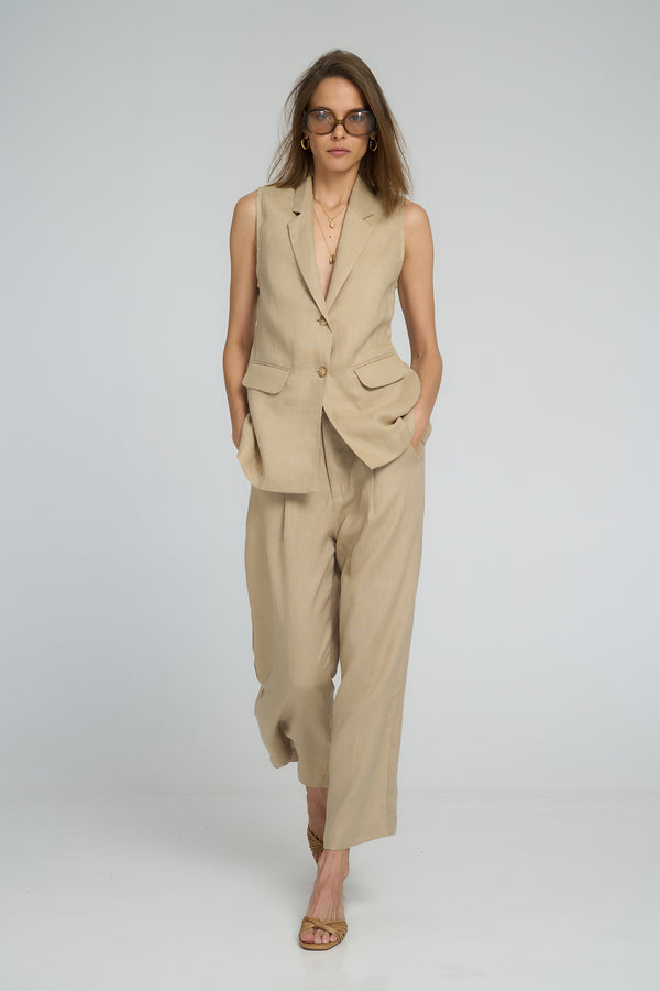 Front view of LILYA Malachite Vest in neutral sand colour