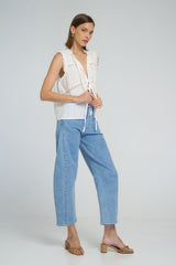 Lightweight white cotton blouse with open front and delicate lace trim