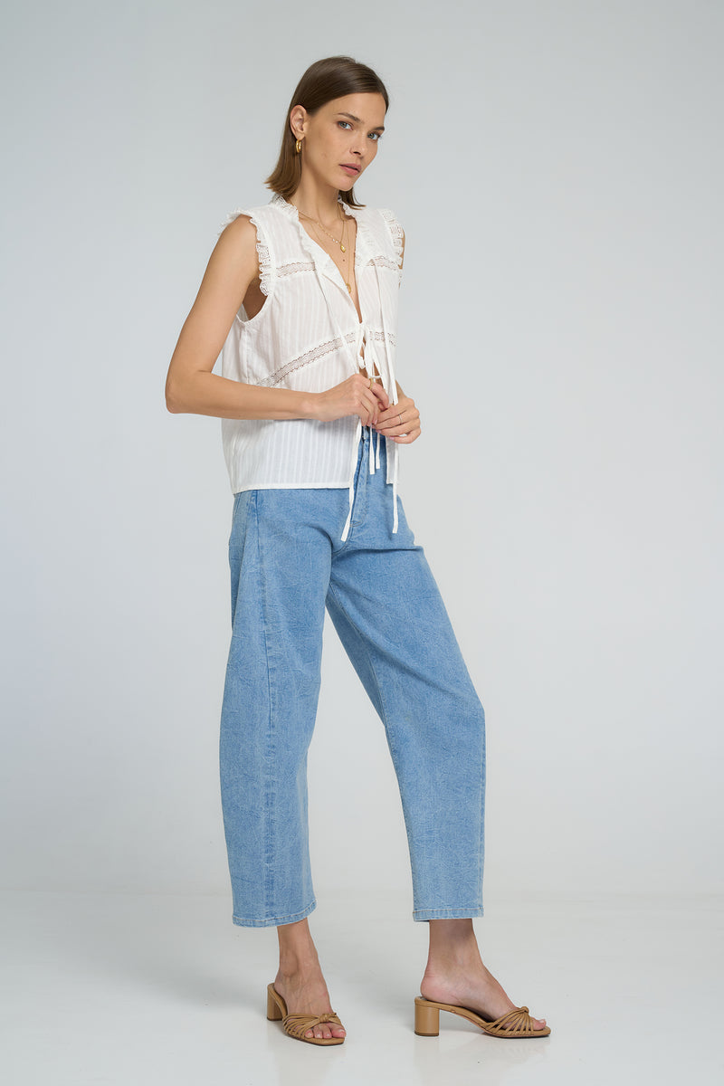 Lightweight white cotton blouse with open front and delicate lace trim