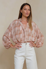 Front view of button-up shirt with picot stitching