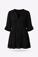 Ghost image of button front mini dress in black with pintucks and frill sleeves for spring and summer in relaxed fit