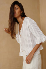 Lightweight rayon voile top with feminine frill sleeve detail 