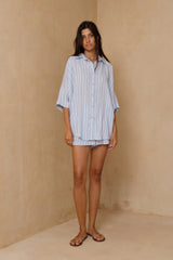 Blue stripe shorts featuring shell embroidery.