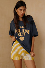 Woman wearing Sunshine Yellow striped cotton knit shorts