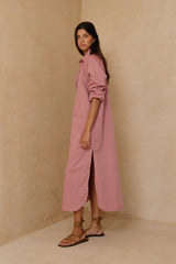 Sunset Stripe cotton shirt dress with relaxed midi-length silhouette 