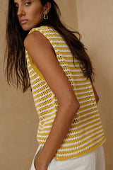 Sunshine Yellow striped cotton knit top with relaxed sleeveless shape