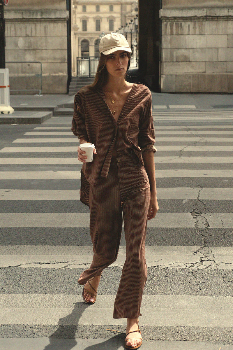 Brown striped high rise cotton pants