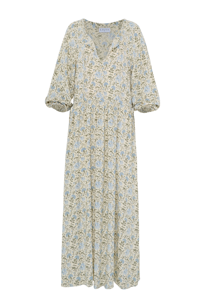 Close up of Verbena floral dress by Lilya