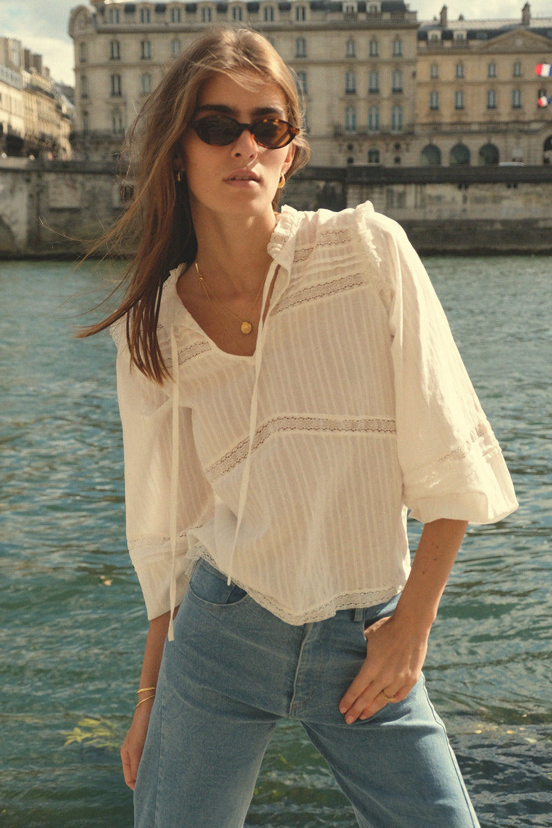 White cotton top with lace detail and balloon sleeves