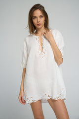 Relaxed fit white linen tunic dress with deep V-neckline