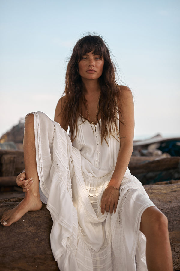 Close-up of button-down front and soft rayon fabric