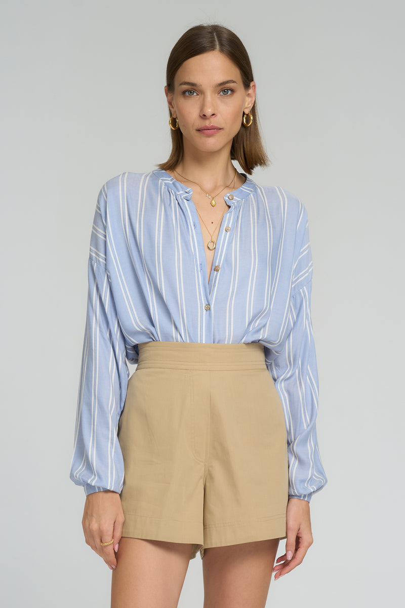 LILYA Ginger Shirt with Nehru collar in soft chambray blue and white stripes