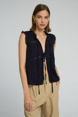 Lightweight navy cotton blouse with open front and delicate lace trim
