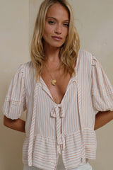 Olivienne Top sand stripe puff sleeve detail