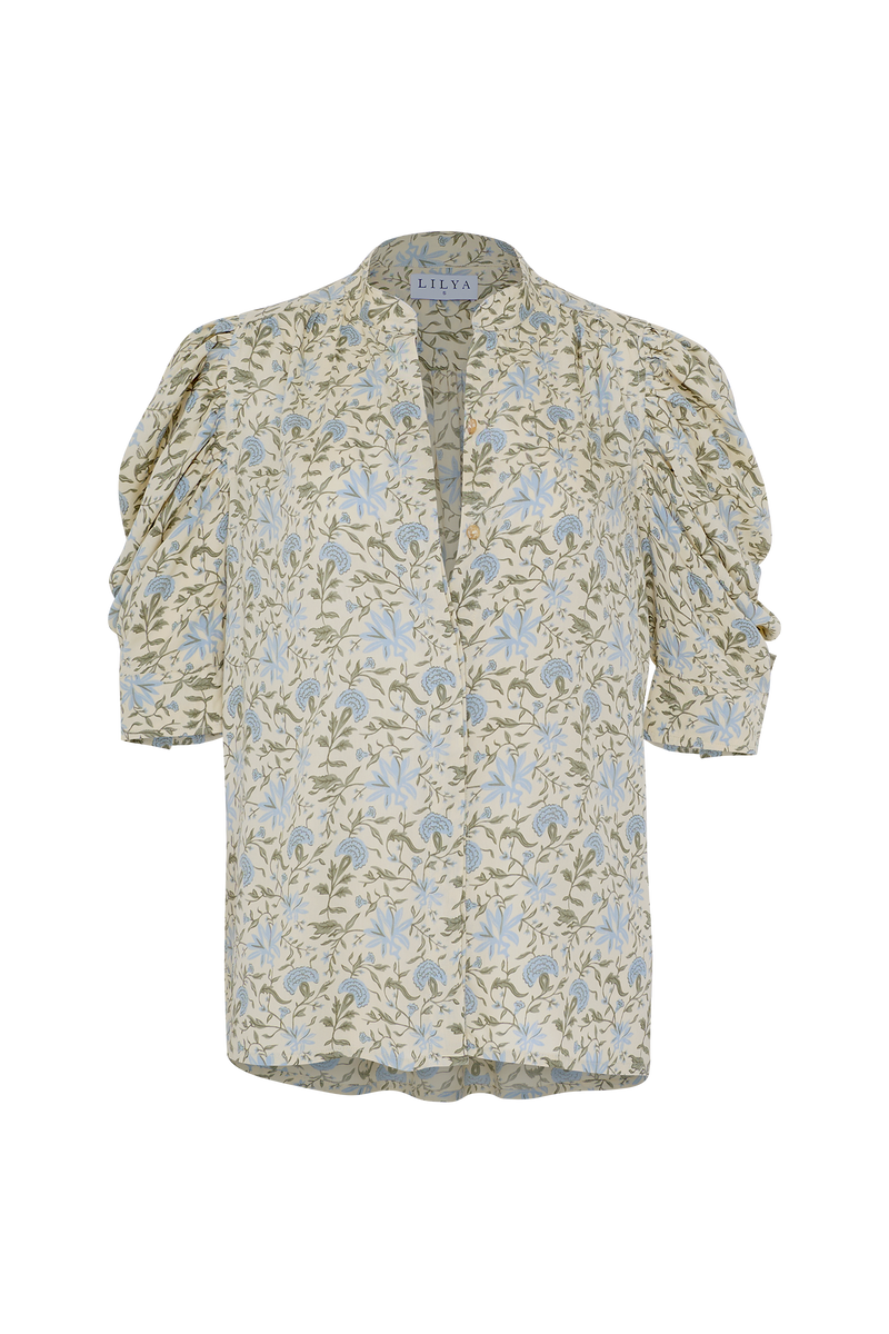 Close up of the Woodford floral blouse by Lilya for summer