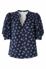 Woodford Navy Blouse with gathered shoulders and puff sleeves. 