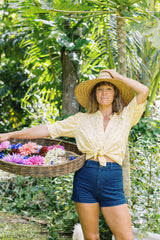 Woodford Top in Yarrow Yellow styled with denim.