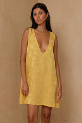 Women's Amber Yellow mini dress with subtle woven jacquard texture 