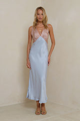 LILYA bias-cut slip dress in Patchwork Blue Rose