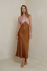 Zanita Dress in Patchwork Rust/Rose with deep V-neckline