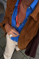 LILYA Zephyr Suede Jacket in Havana Cuba Suede top view on model