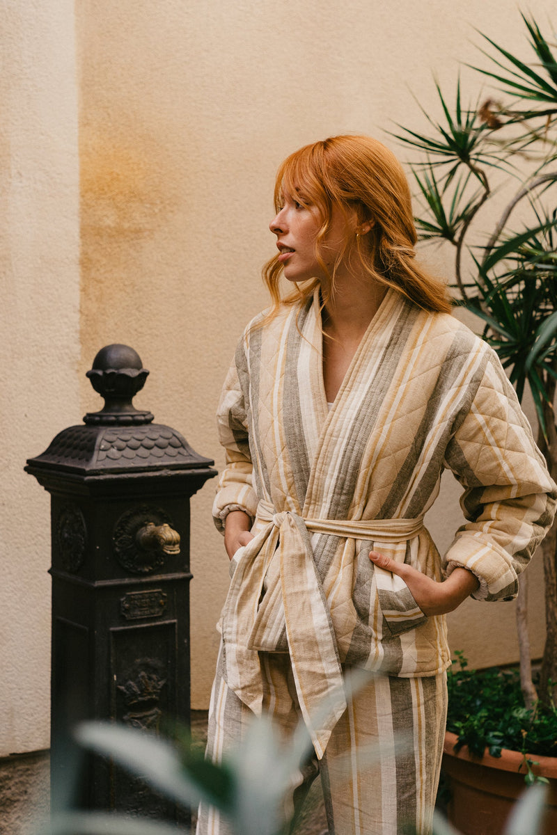 Kimono Jacket - Olive Mustard Stripe Linen