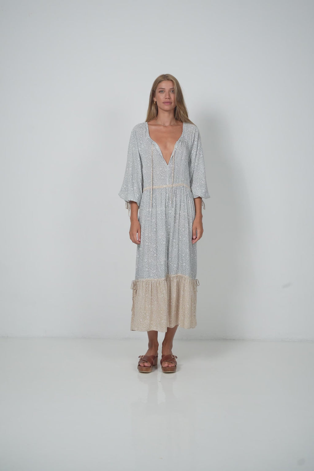Blue and Tan Floral Boho Maxi Dress by LILYA